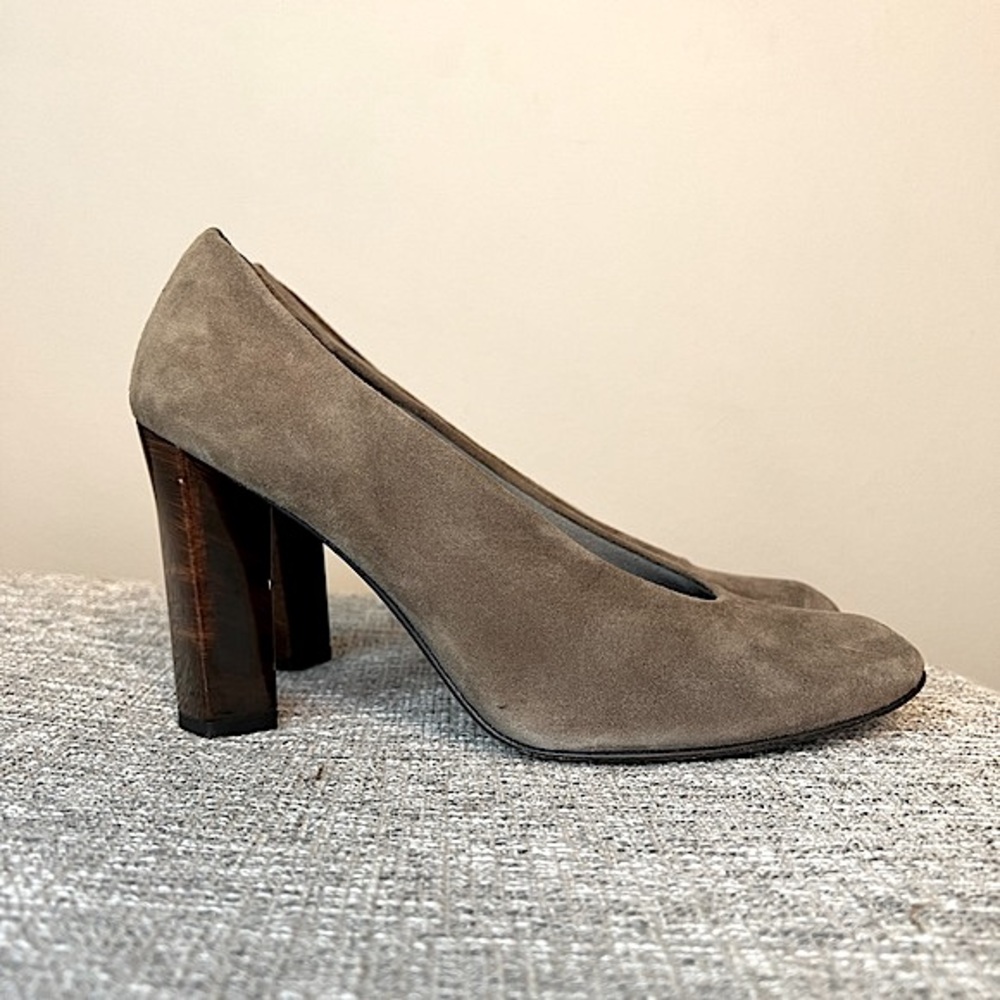 Stuart Weitzman suede almond toe wood heel shoes